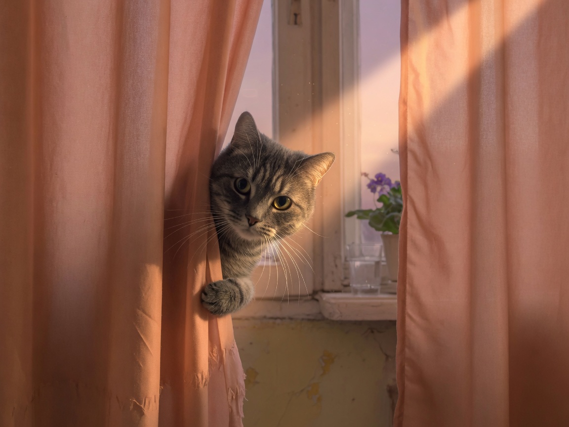 Gray tabby peeking from peach curtains.